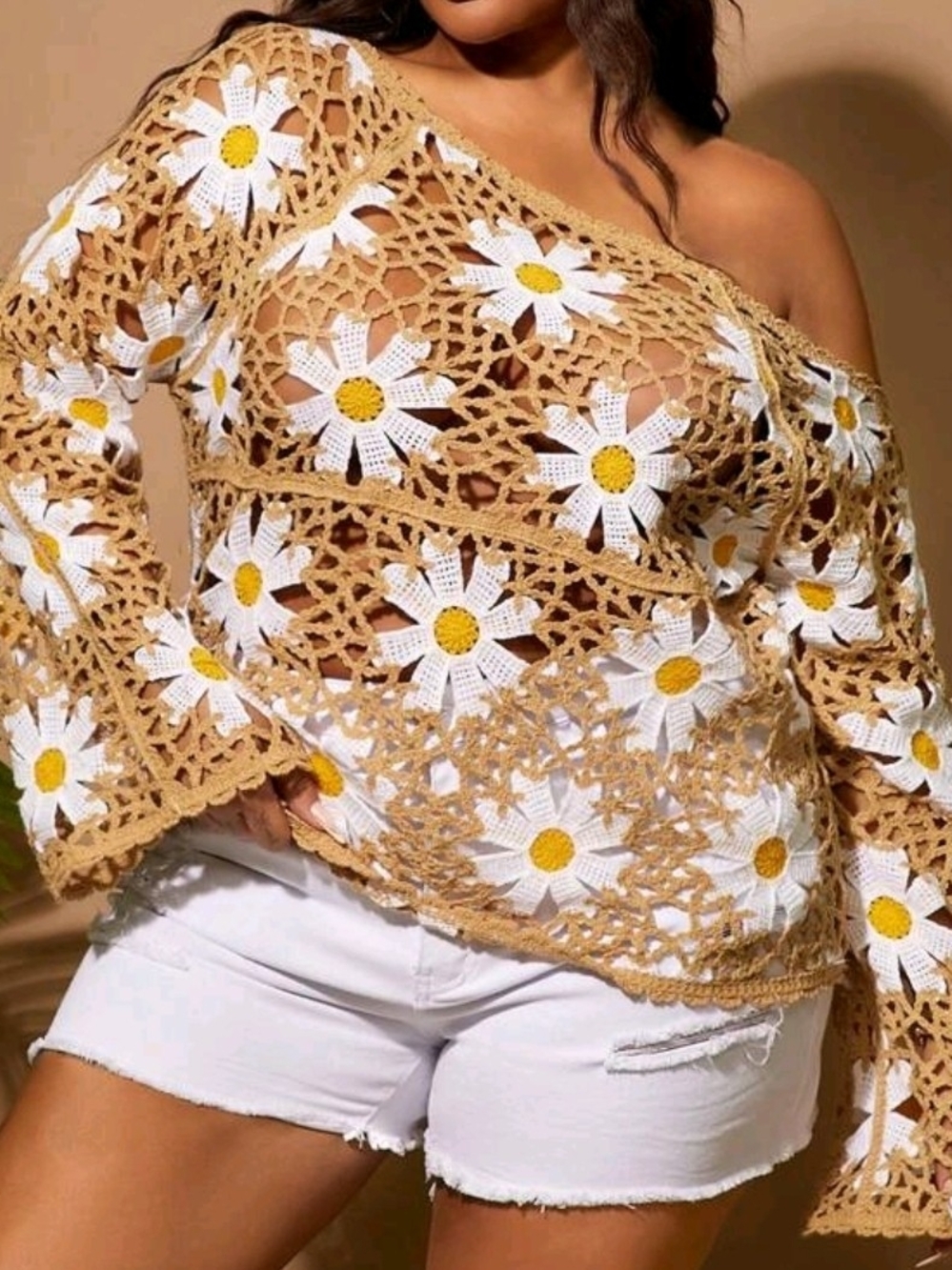Plus Crochet Daisy Off-Shoulder Tunic in Tan and White